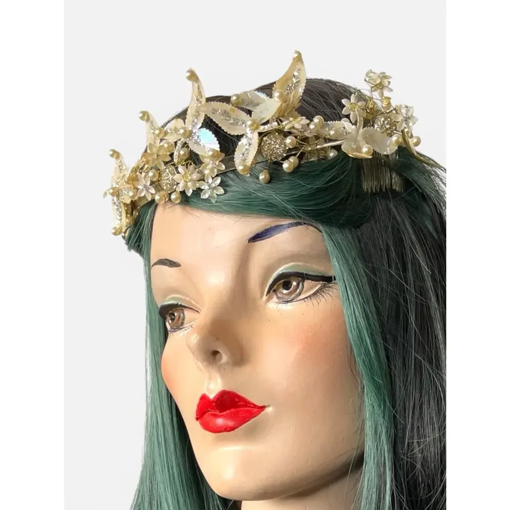 Mid Century Crown Tiara Shell Pearl Floral Headpiece Vintage Wedding MCM Prom